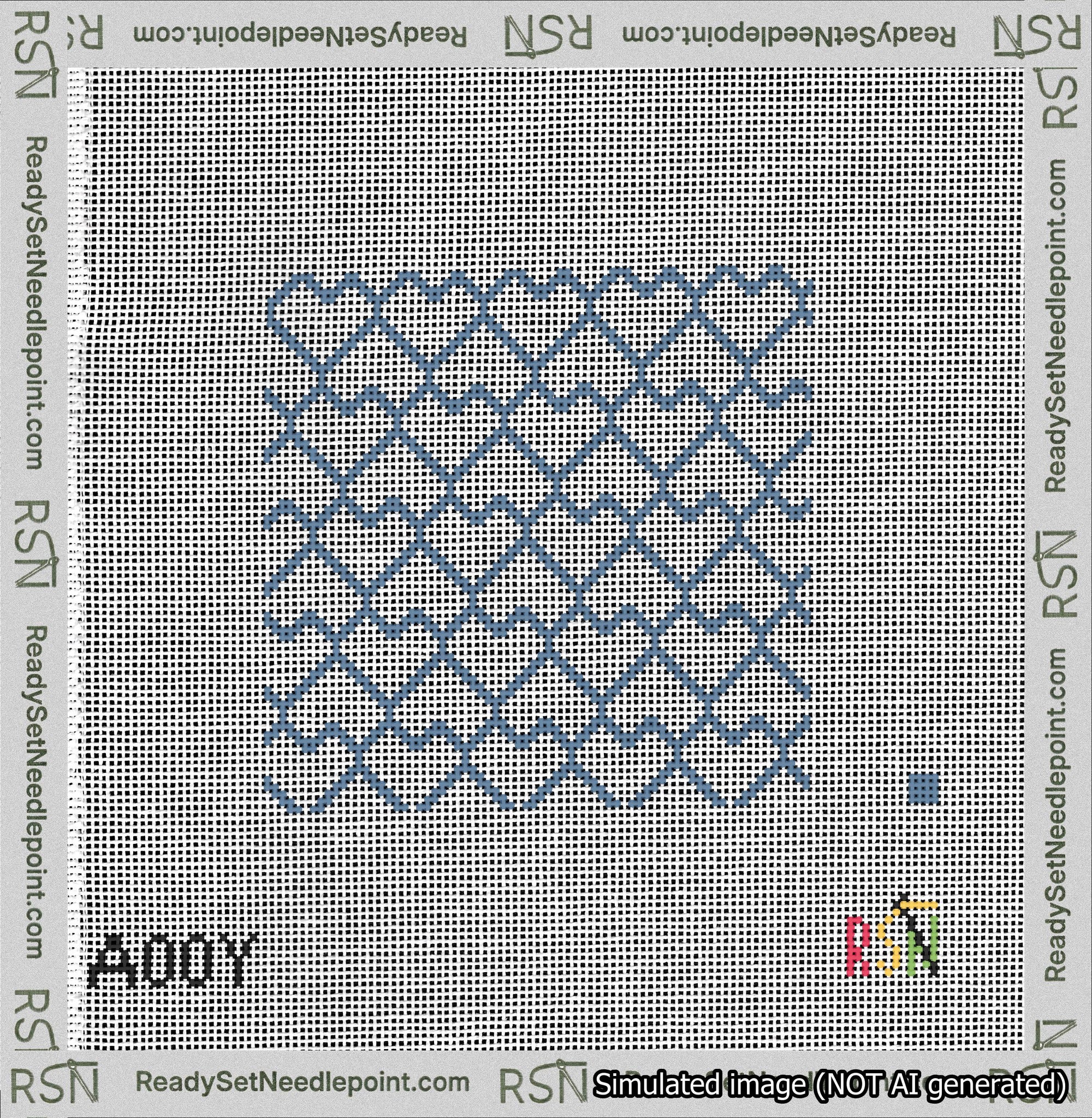 A taped needlepoint canvas with the design: Lopsided Heart Grid Blue on White.