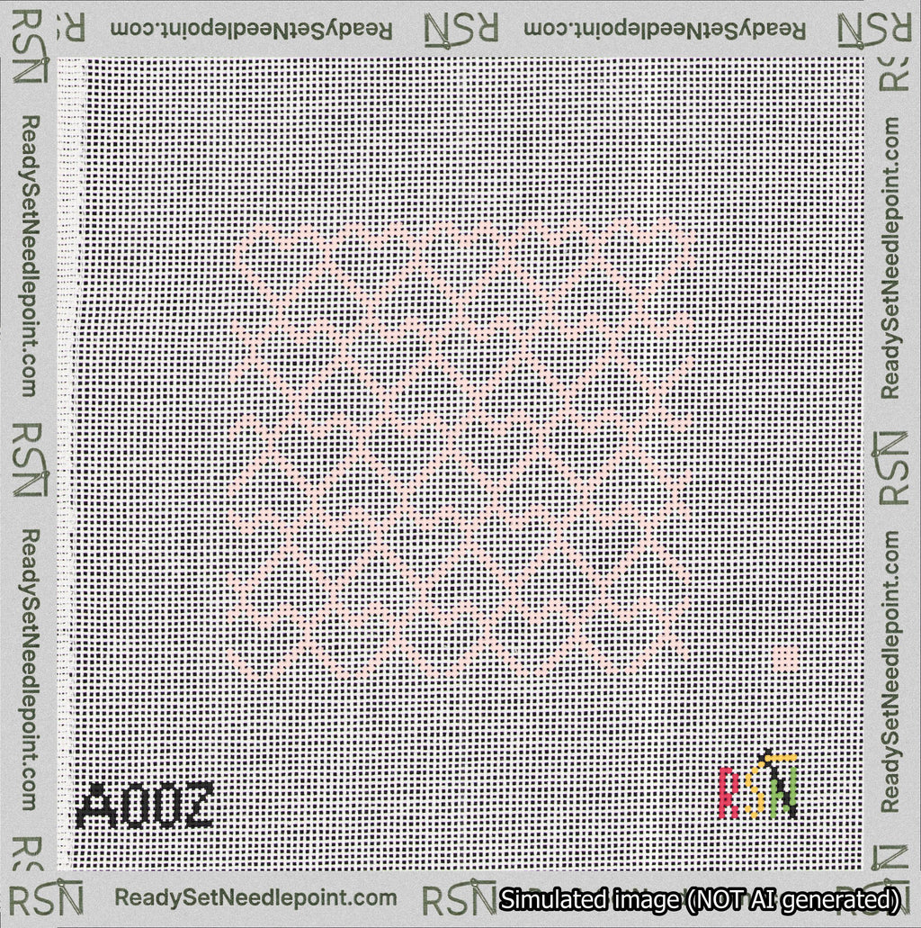 A taped needlepoint canvas with the design: Lopsided Heart Grid Pink on White.