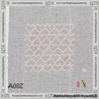 A taped needlepoint canvas with the design: Lopsided Heart Grid Pink on White.