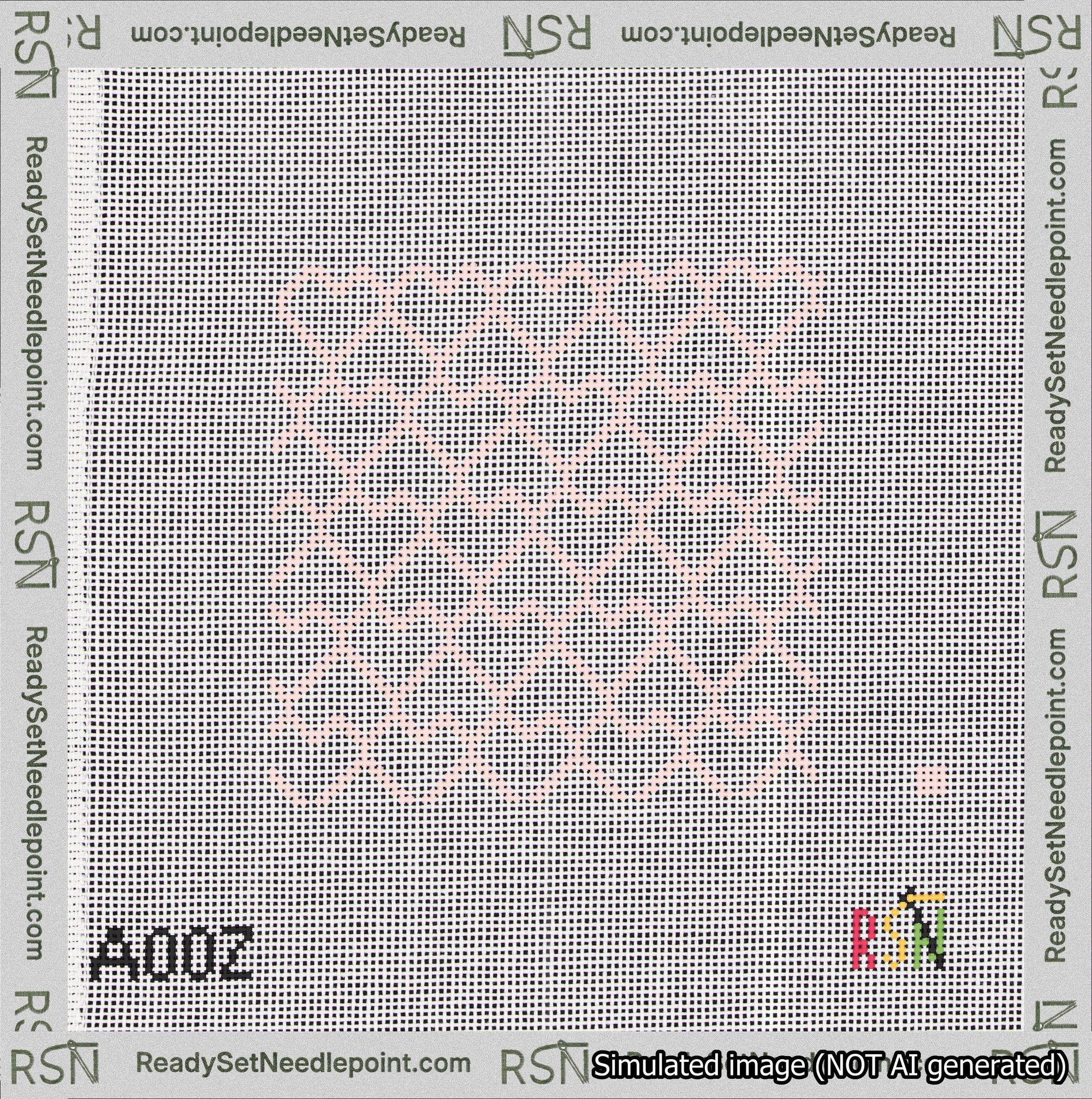 A taped needlepoint canvas with the design: Lopsided Heart Grid Pink on White.