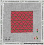 A taped needlepoint canvas with the design: Lopsided Heart Grid Green on Red.