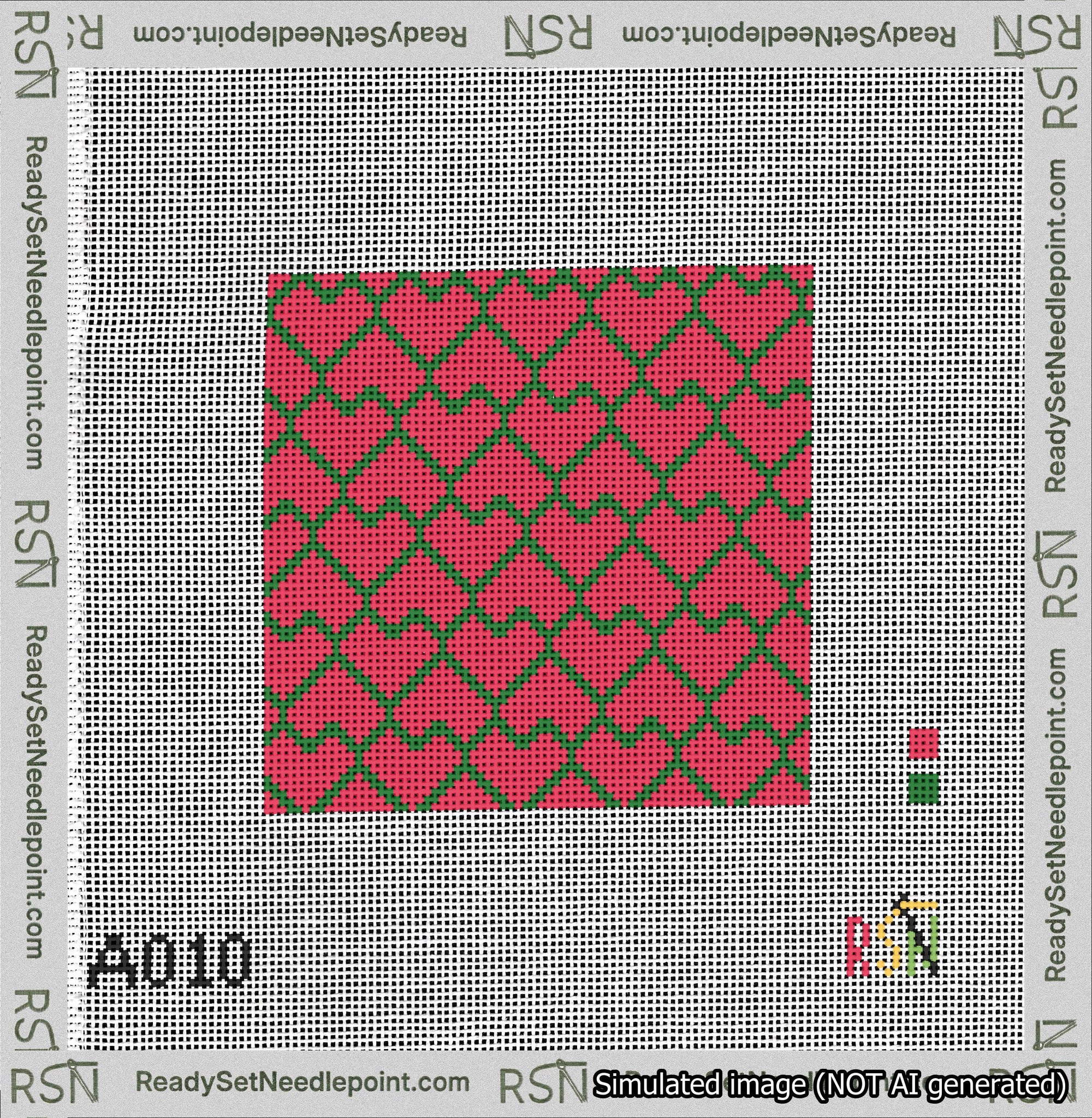 A taped needlepoint canvas with the design: Lopsided Heart Grid Green on Red.