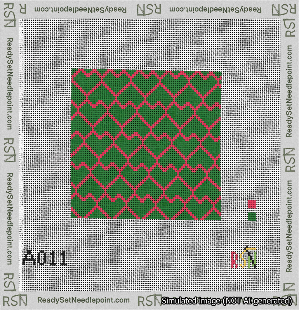 A taped needlepoint canvas with the design: Lopsided Heart Grid Red on Green.