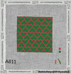 A taped needlepoint canvas with the design: Lopsided Heart Grid Red on Green.