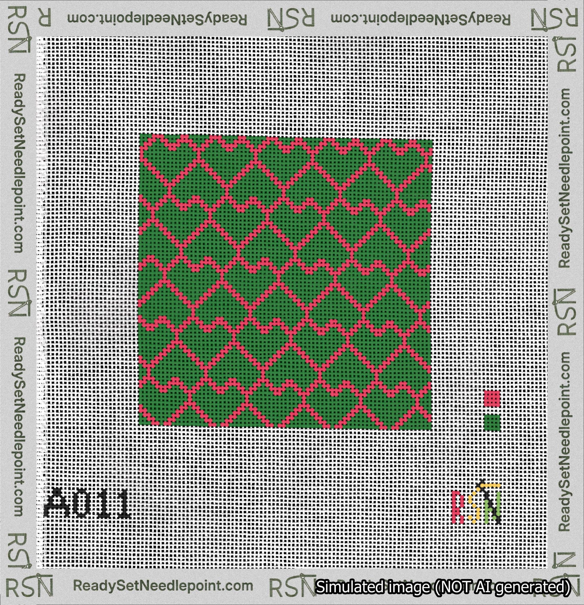 A taped needlepoint canvas with the design: Lopsided Heart Grid Red on Green.