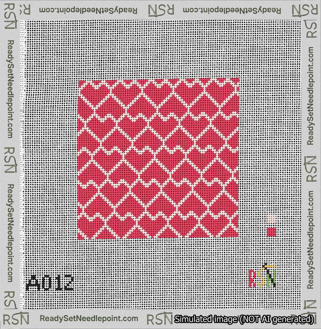A taped needlepoint canvas with the design: Lopsided Heart Grid Pink on Red.