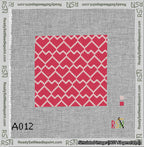 A taped needlepoint canvas with the design: Lopsided Heart Grid Pink on Red.