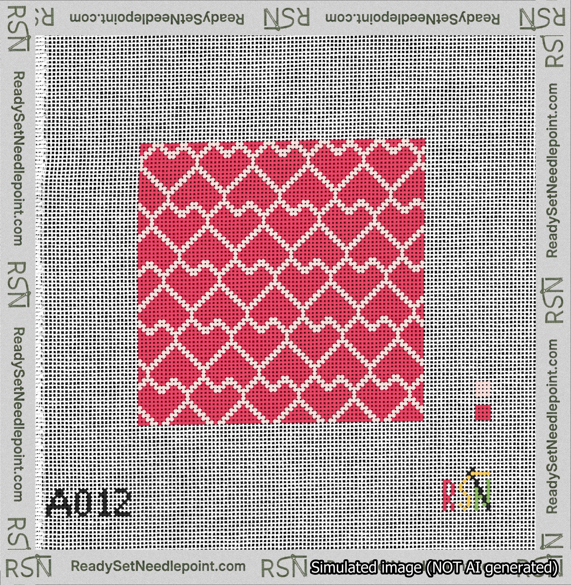 A taped needlepoint canvas with the design: Lopsided Heart Grid Pink on Red.