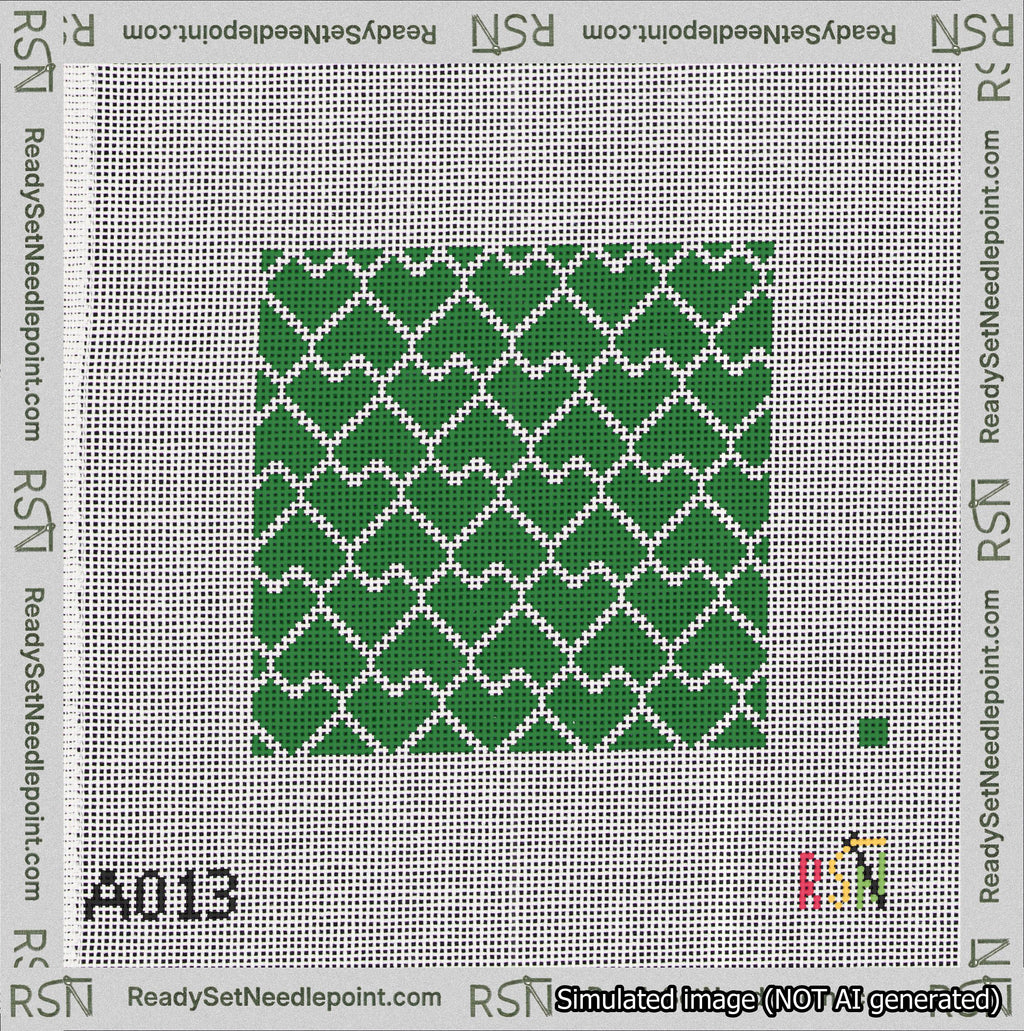 A taped needlepoint canvas with the design: Lopsided Heart Grid White on Green.
