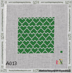 A taped needlepoint canvas with the design: Lopsided Heart Grid White on Green.