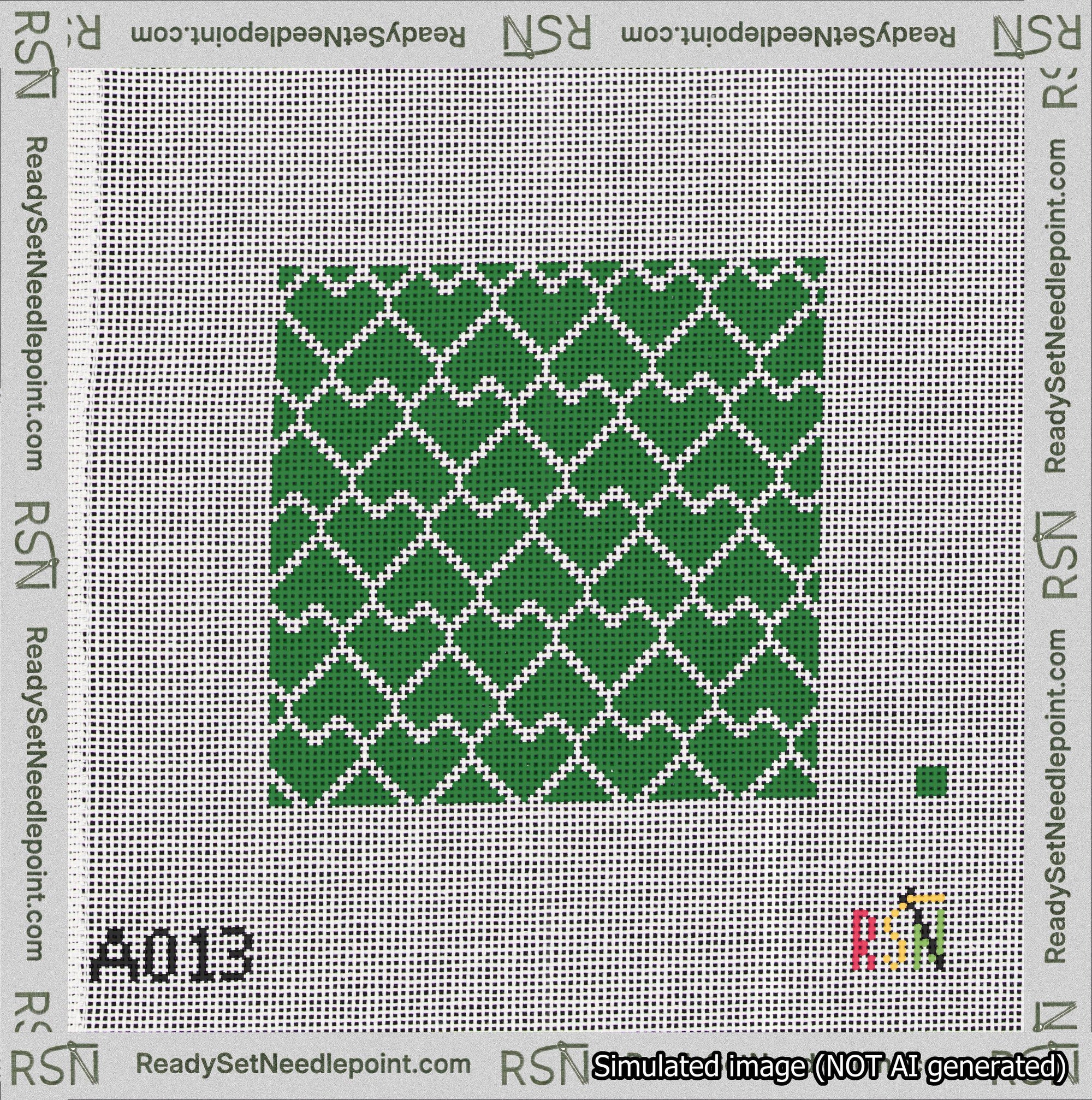A taped needlepoint canvas with the design: Lopsided Heart Grid White on Green.