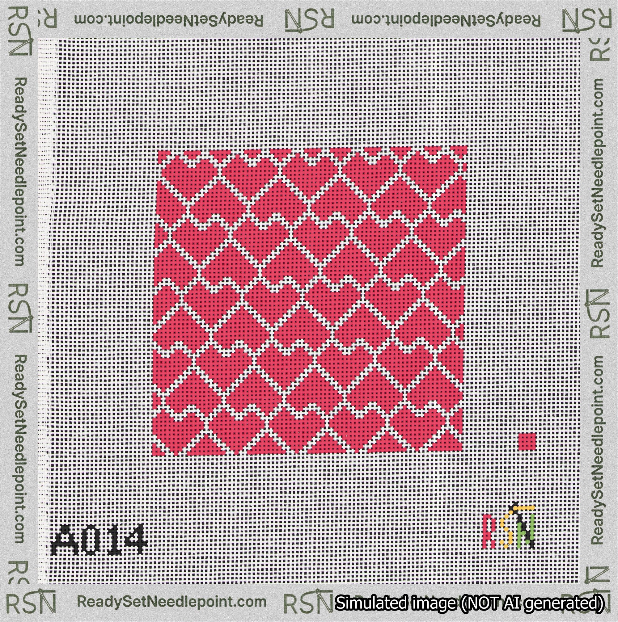 A taped needlepoint canvas with the design: Lopsided Heart Grid White on Red.