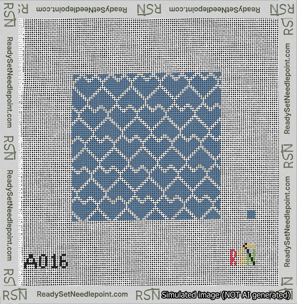 A taped needlepoint canvas with the design: Lopsided Heart Grid White on Blue.