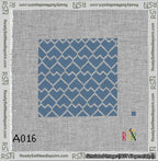 A taped needlepoint canvas with the design: Lopsided Heart Grid White on Blue.