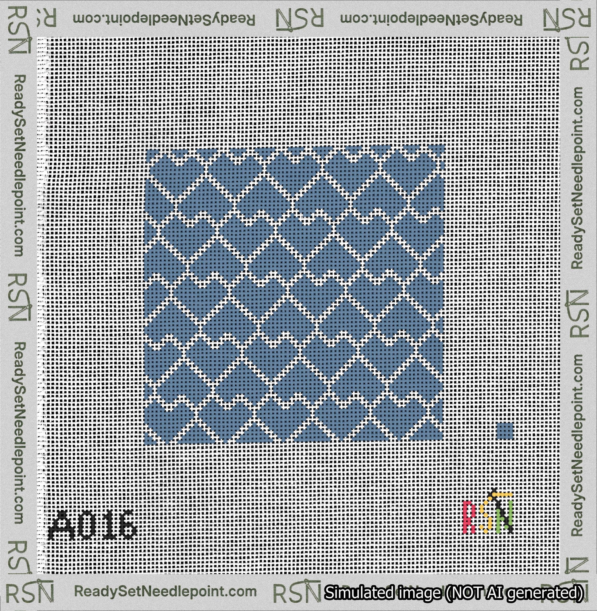 A taped needlepoint canvas with the design: Lopsided Heart Grid White on Blue.