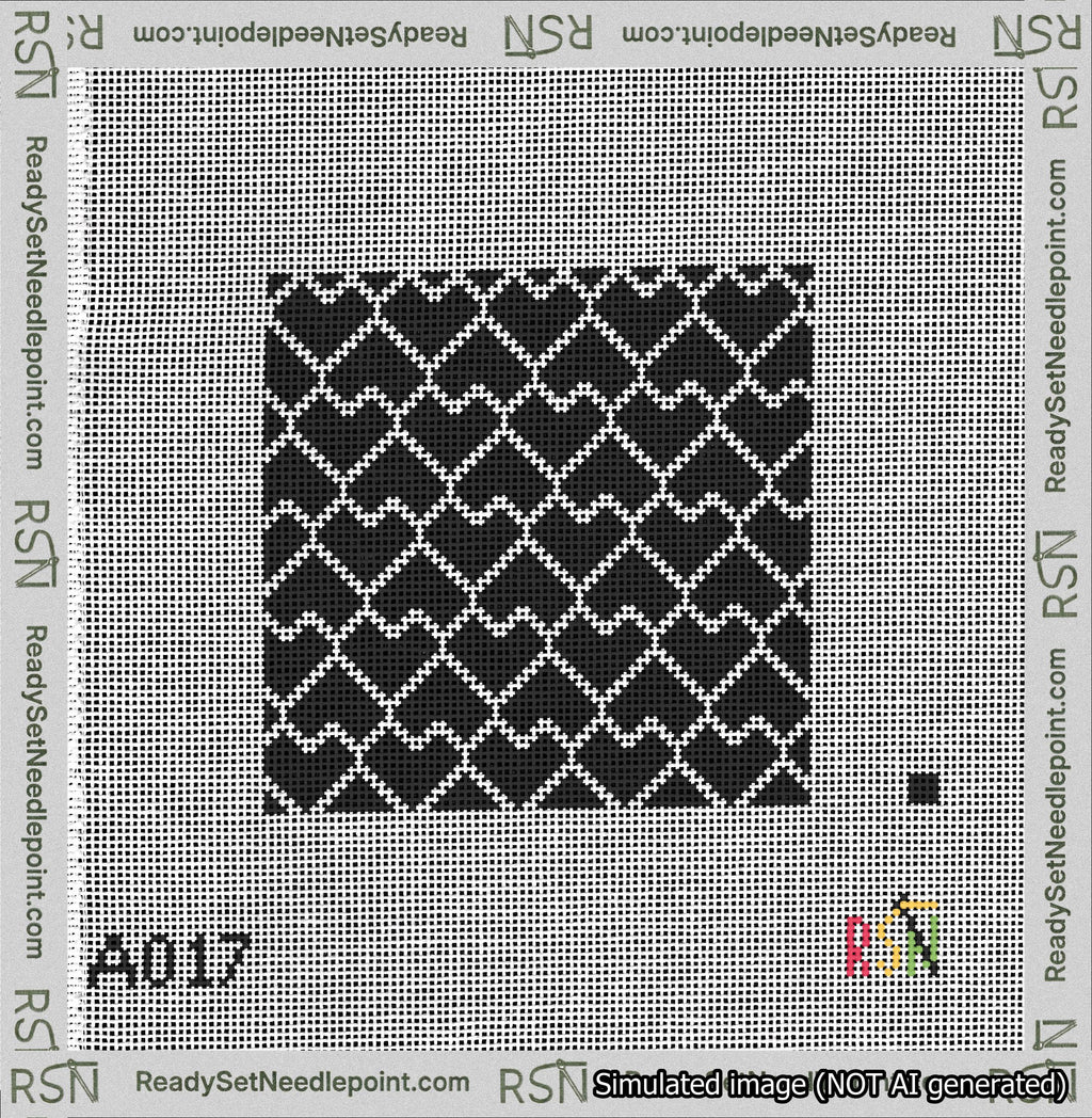 A taped needlepoint canvas with the design: Lopsided Heart Grid White on Black.