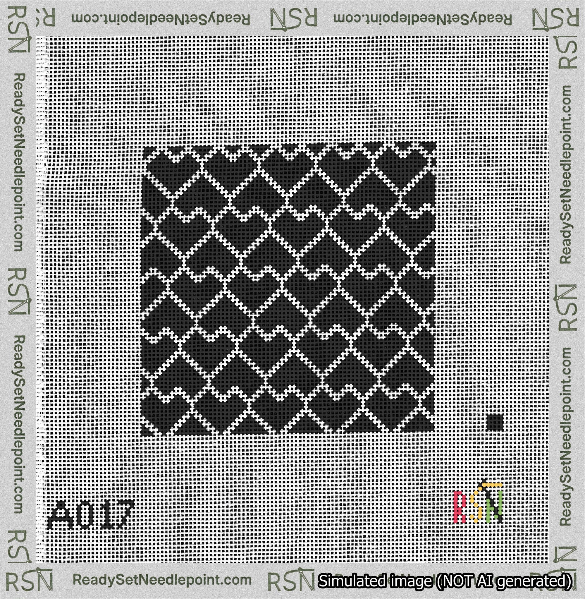 A taped needlepoint canvas with the design: Lopsided Heart Grid White on Black.