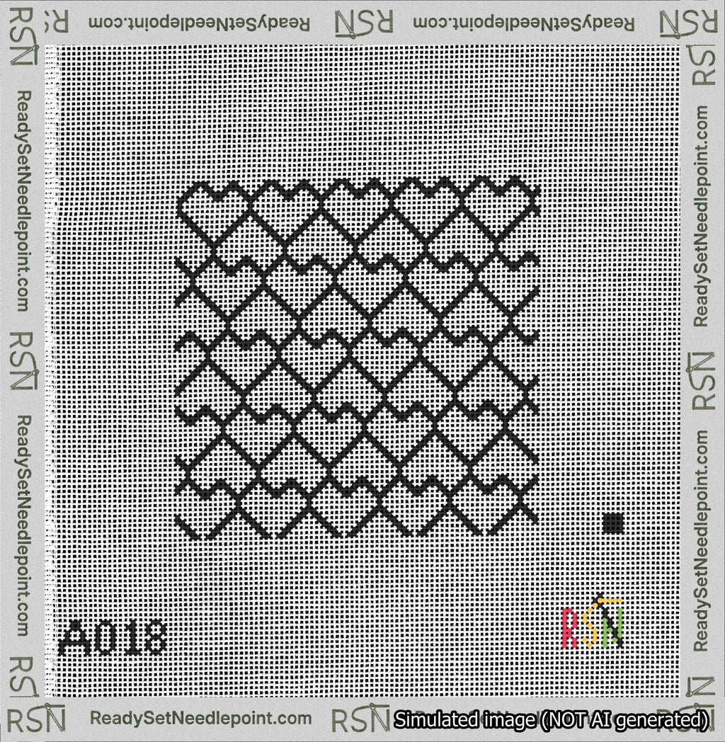 A taped needlepoint canvas with the design: Lopsided Heart Grid Black on White.