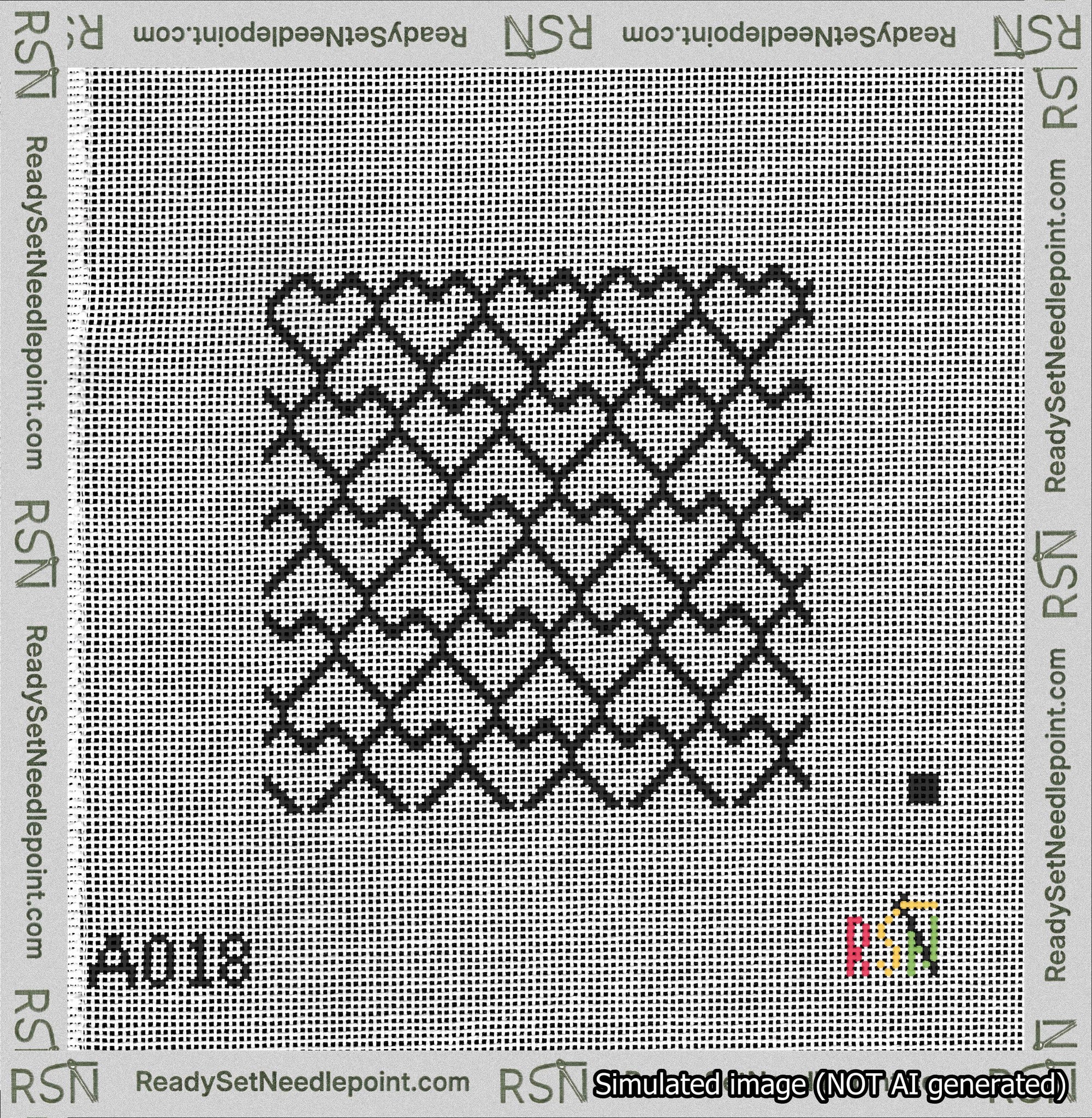 A taped needlepoint canvas with the design: Lopsided Heart Grid Black on White.
