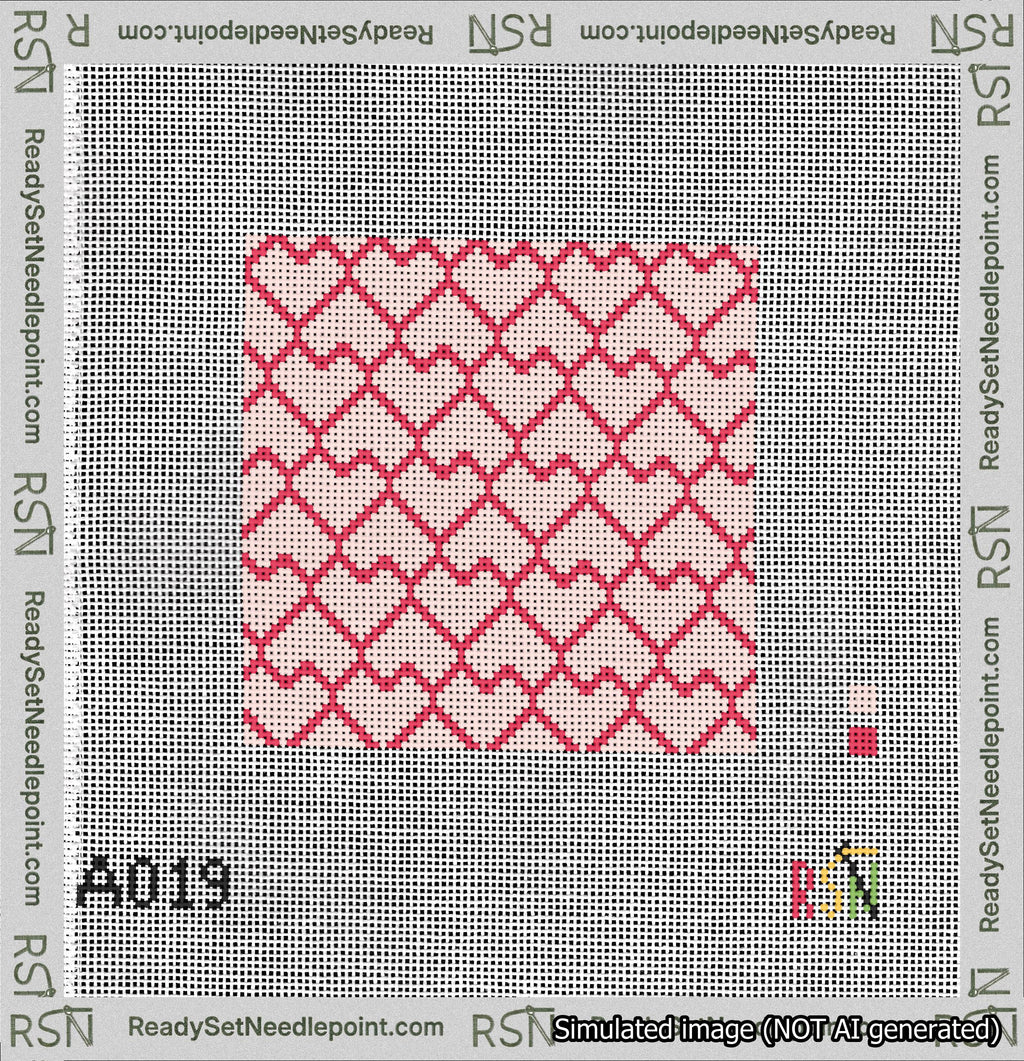 A taped needlepoint canvas with the design: Lopsided Heart Grid Red on Pink.