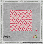A taped needlepoint canvas with the design: Lopsided Heart Grid Red on Pink.