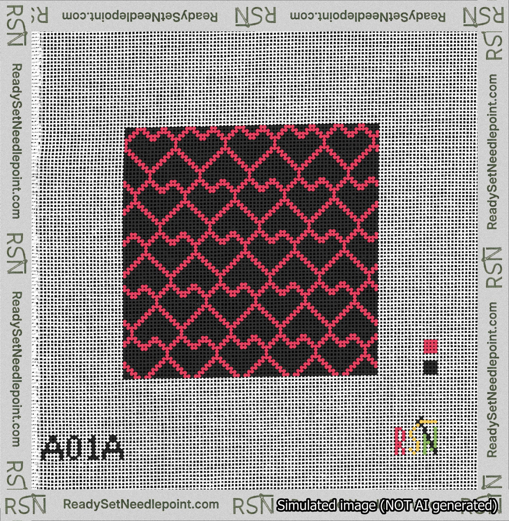 A taped needlepoint canvas with the design: Lopsided Heart Grid Red on Black.