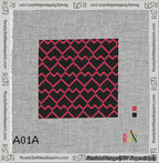 A taped needlepoint canvas with the design: Lopsided Heart Grid Red on Black.