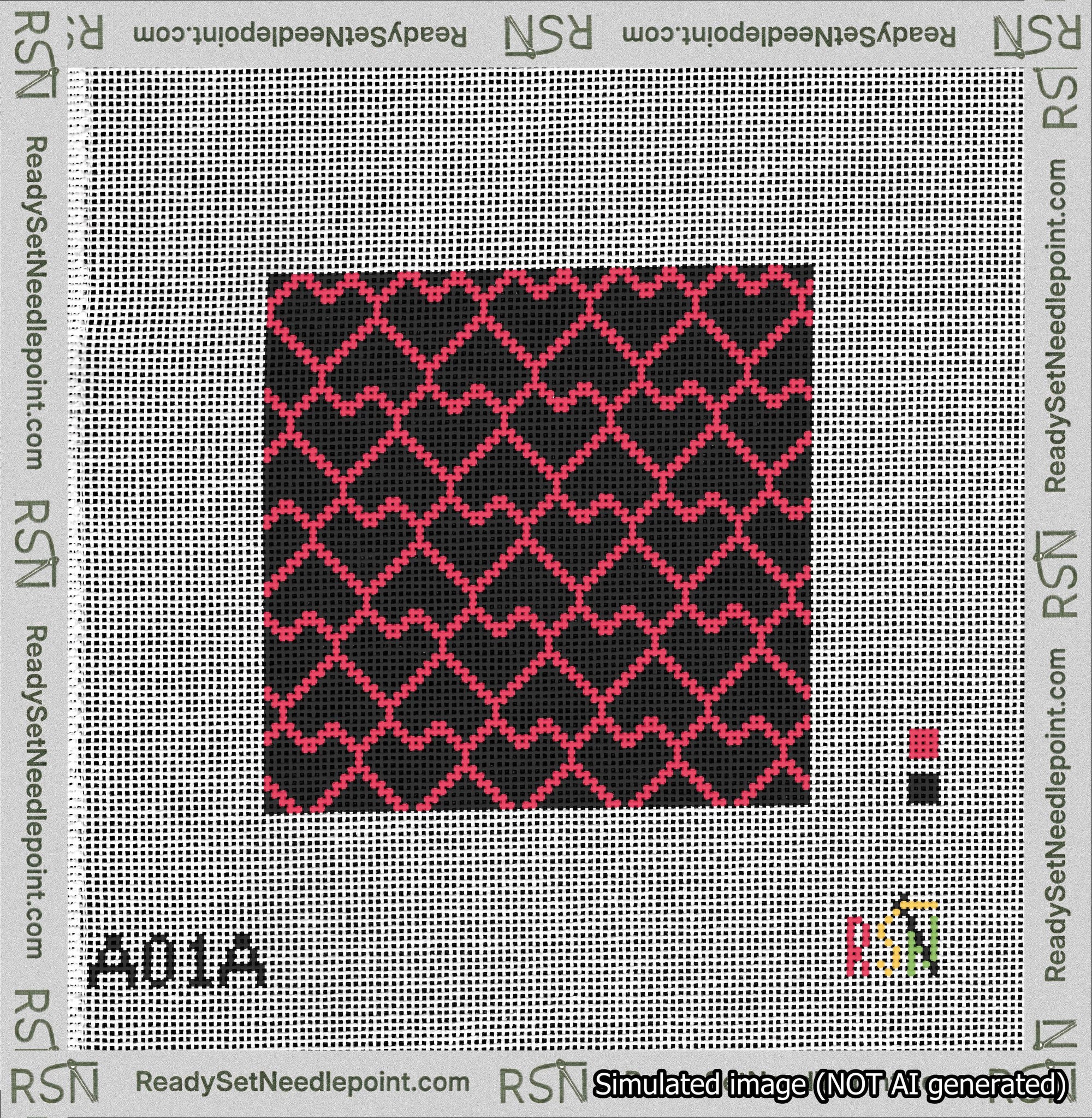 A taped needlepoint canvas with the design: Lopsided Heart Grid Red on Black.