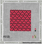 A taped needlepoint canvas with the design: Lopsided Heart Grid Black on Red.