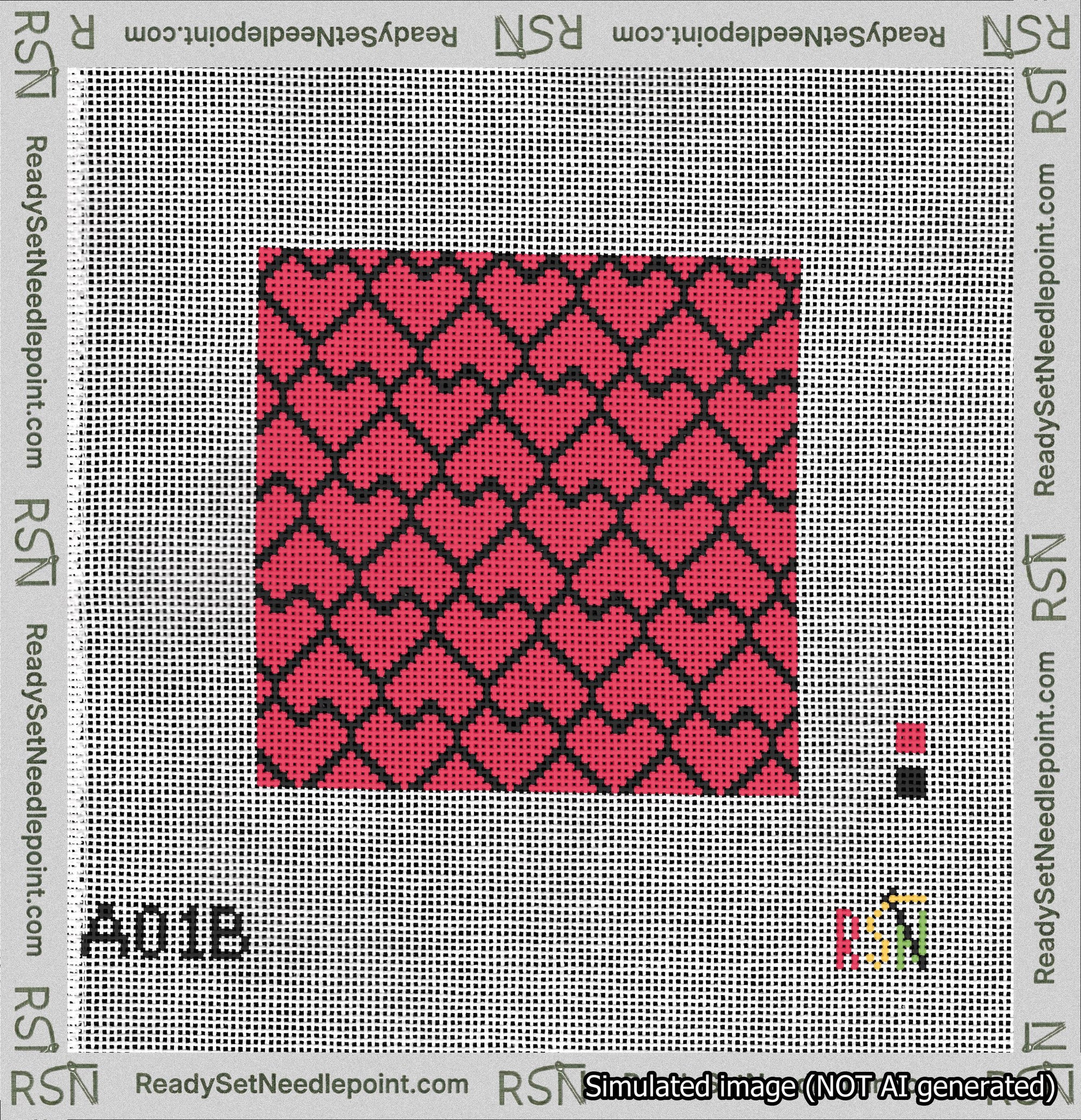 A taped needlepoint canvas with the design: Lopsided Heart Grid Black on Red.