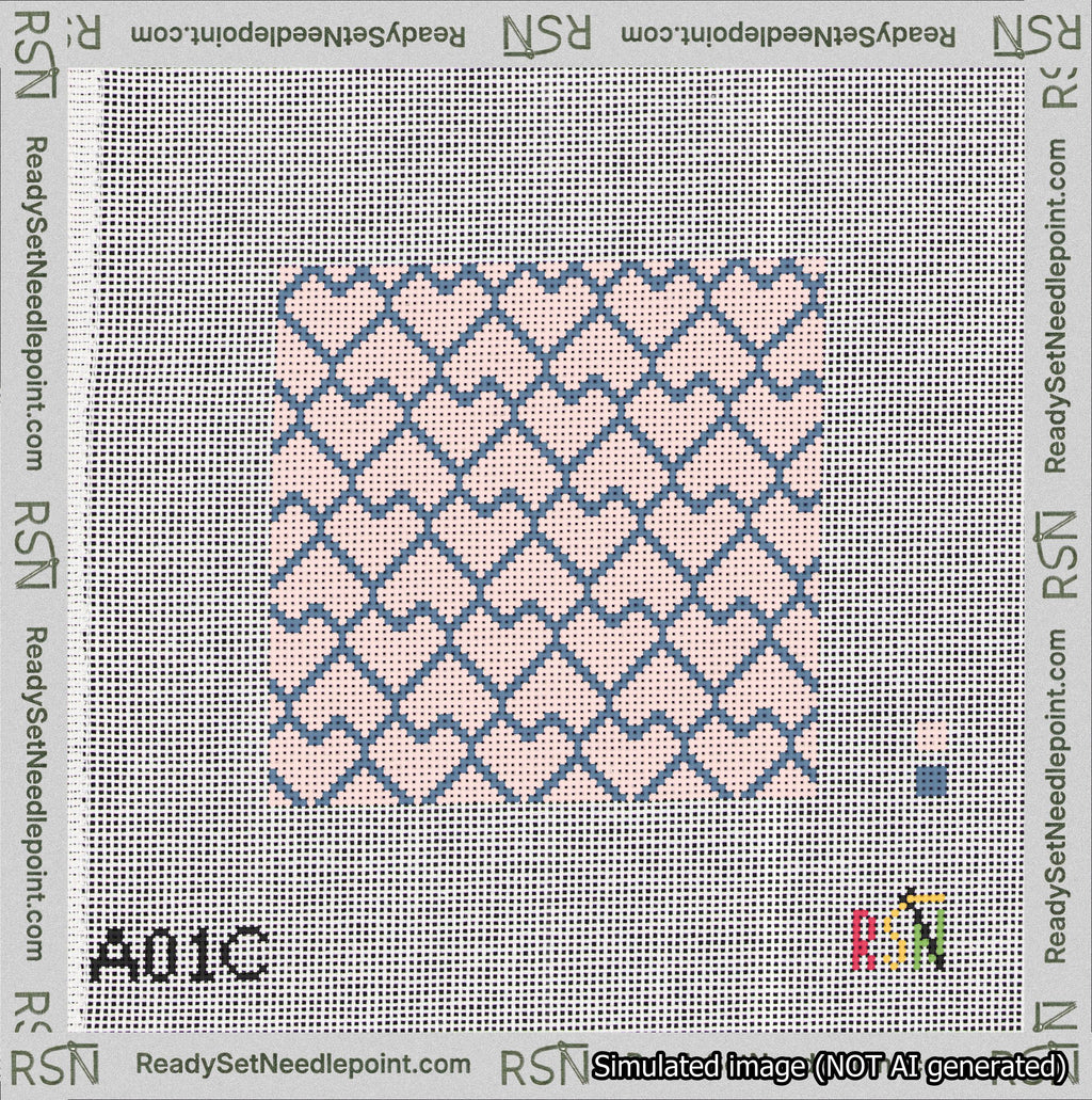 A taped needlepoint canvas with the design: Lopsided Heart Grid Blue on Pink.