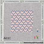 A taped needlepoint canvas with the design: Lopsided Heart Grid Blue on Pink.