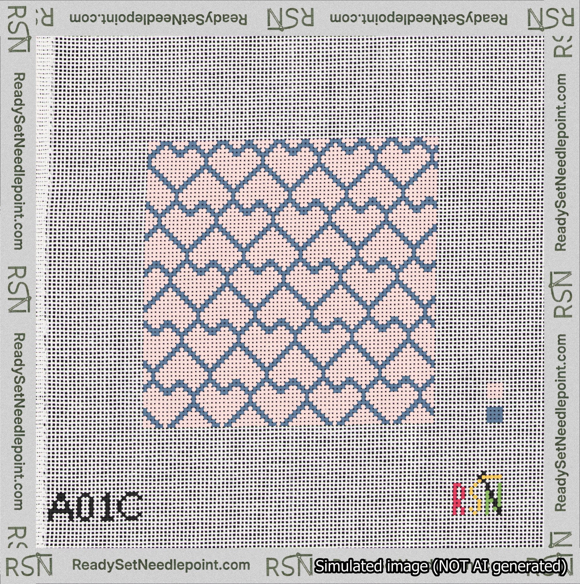 A taped needlepoint canvas with the design: Lopsided Heart Grid Blue on Pink.