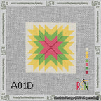 A taped needlepoint canvas with the design: Quilt Star Christmas Red-Green-Yellow-Cream.
