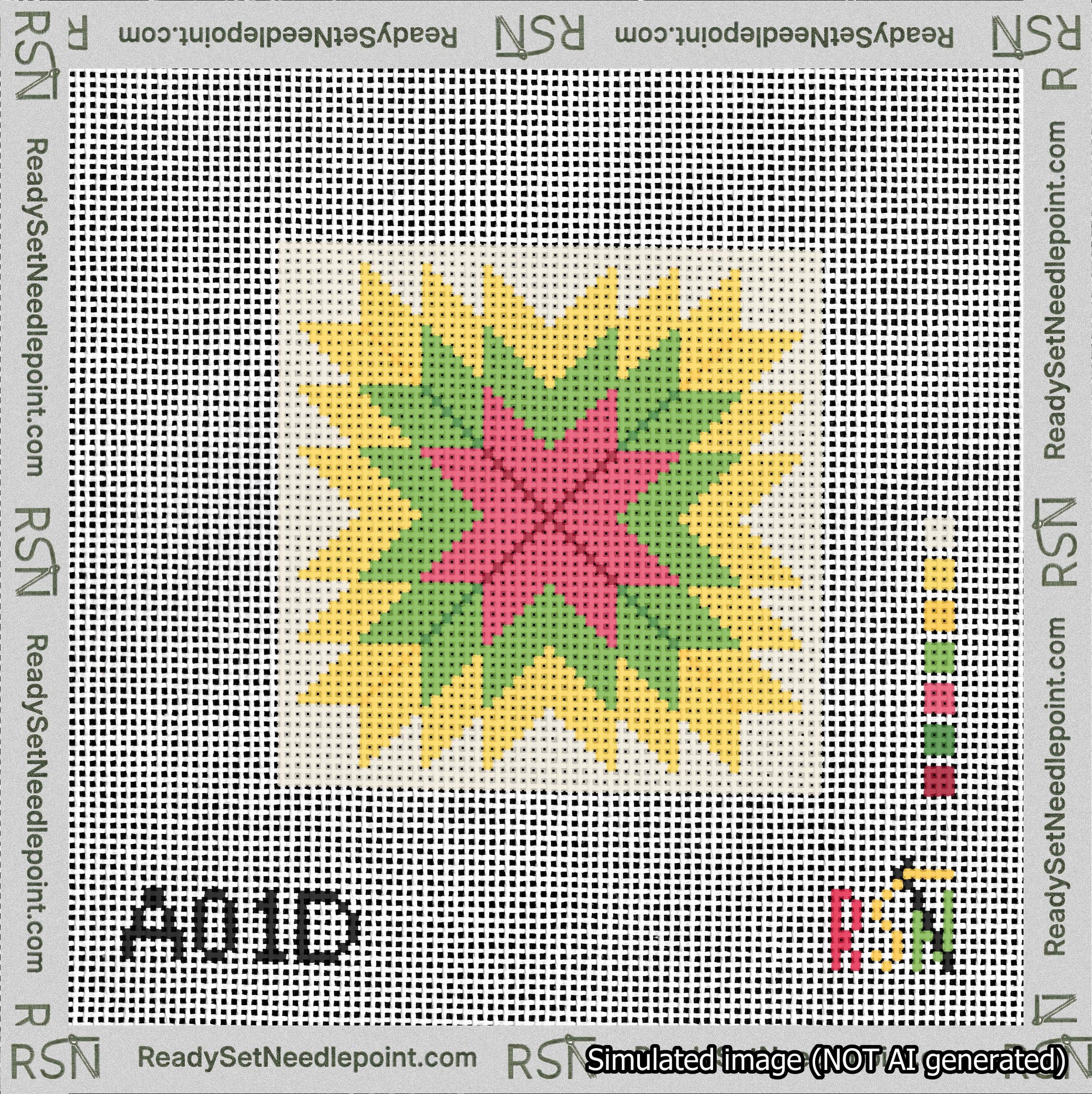 A taped needlepoint canvas with the design: Quilt Star Christmas Red-Green-Yellow-Cream.