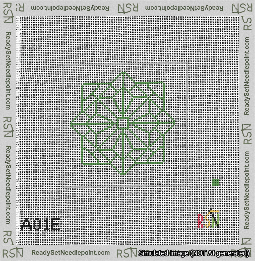 A taped needlepoint canvas with the design: 8-Pointed Mandala Outline Green.