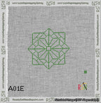 A taped needlepoint canvas with the design: 8-Pointed Mandala Outline Green.