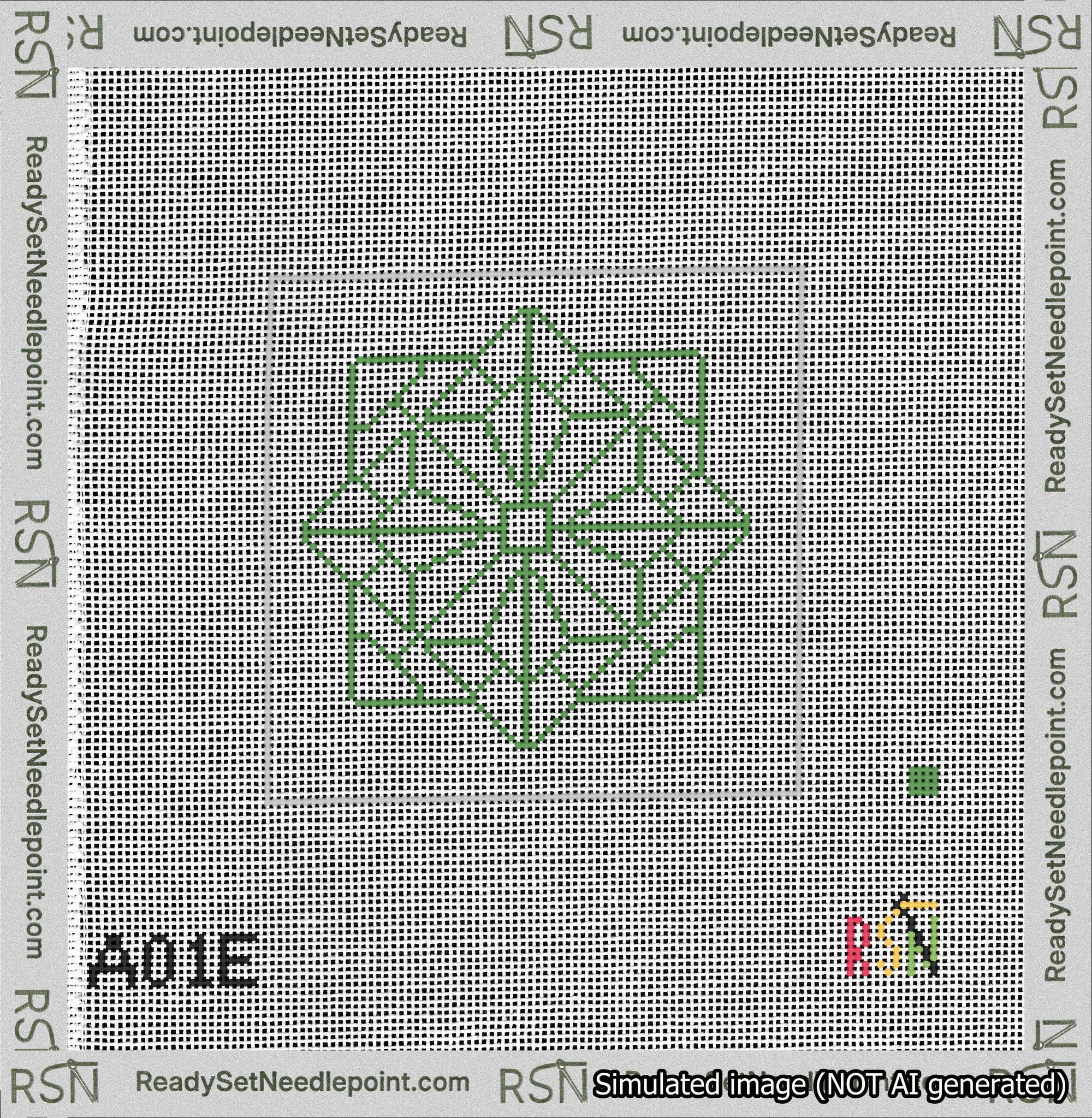 A taped needlepoint canvas with the design: 8-Pointed Mandala Outline Green.