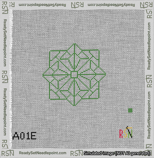A taped needlepoint canvas with the design: 8-Pointed Mandala Outline Green.