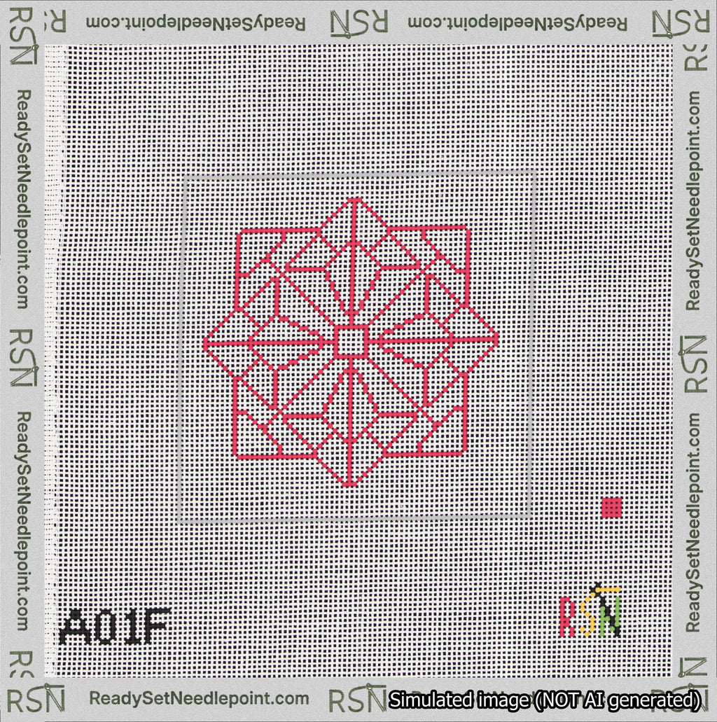A taped needlepoint canvas with the design: 8-Pointed Mandala Outline Red.