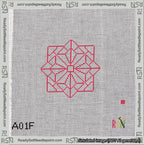 A taped needlepoint canvas with the design: 8-Pointed Mandala Outline Red.