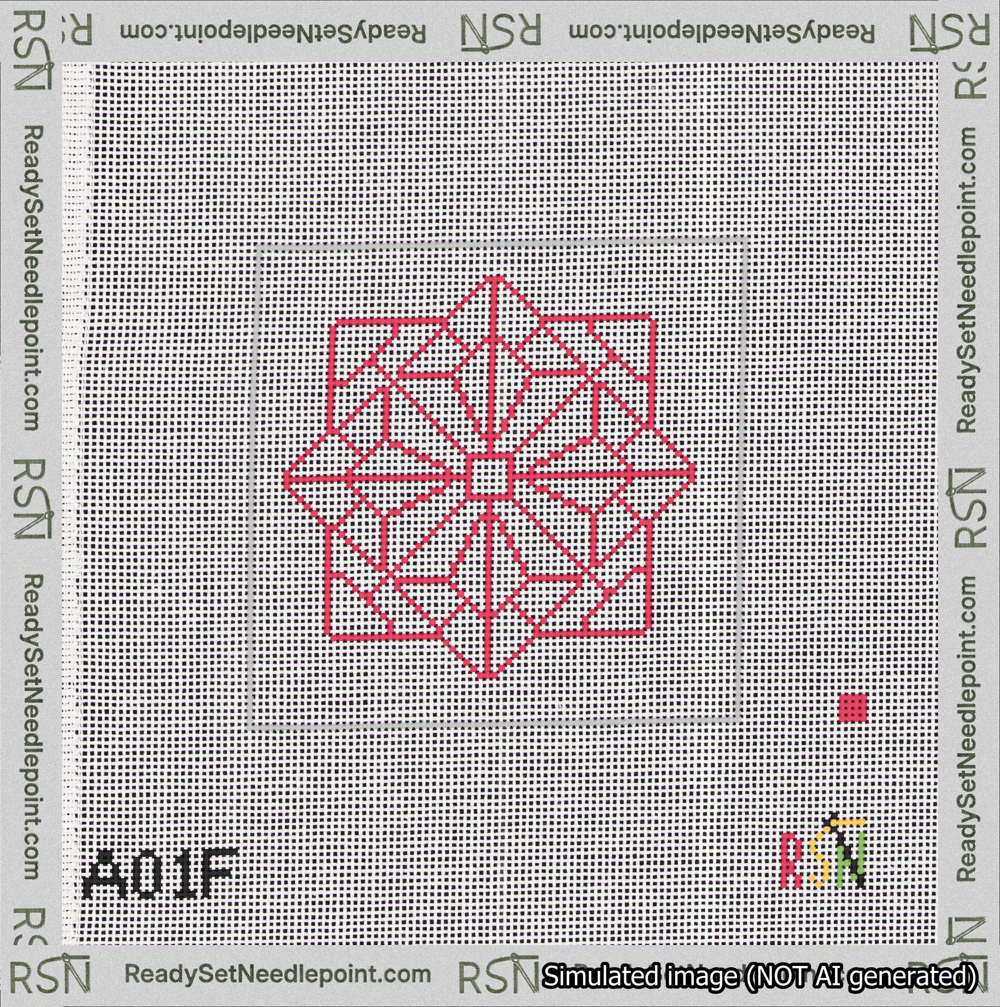 A taped needlepoint canvas with the design: 8-Pointed Mandala Outline Red.