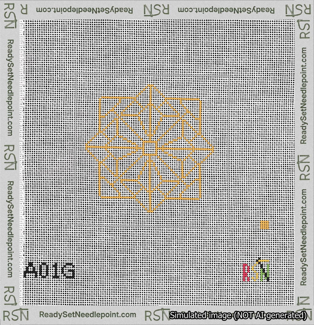 A taped needlepoint canvas with the design: 8-Pointed Mandala Outline Gold.