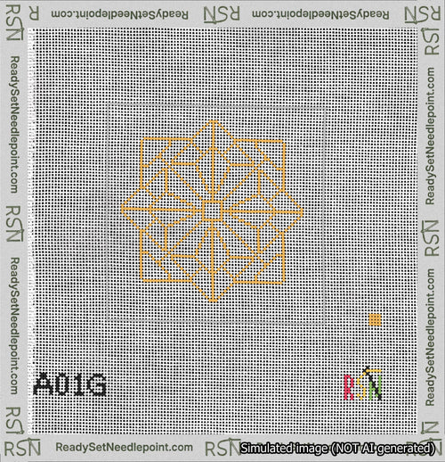 A taped needlepoint canvas with the design: 8-Pointed Mandala Outline Gold.