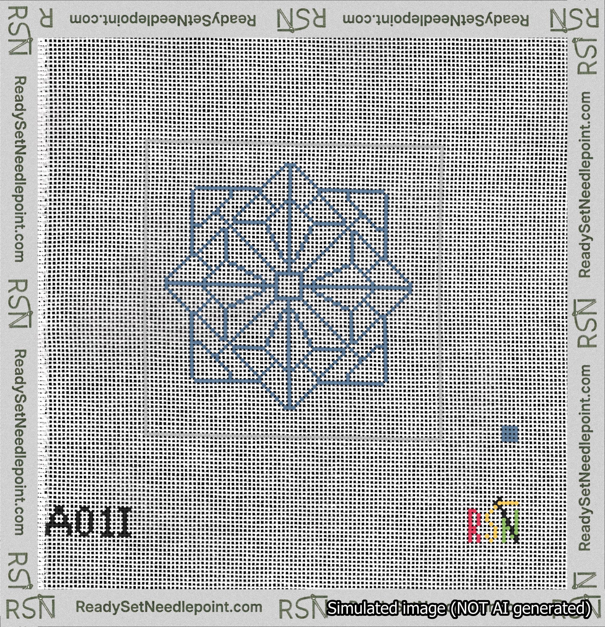 A taped needlepoint canvas with the design: 8-Pointed Mandala Outline Blue.