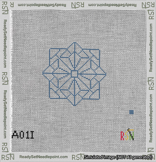 A taped needlepoint canvas with the design: 8-Pointed Mandala Outline Blue.