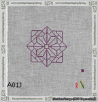 A taped needlepoint canvas with the design: 8-Pointed Mandala Outline Purple.