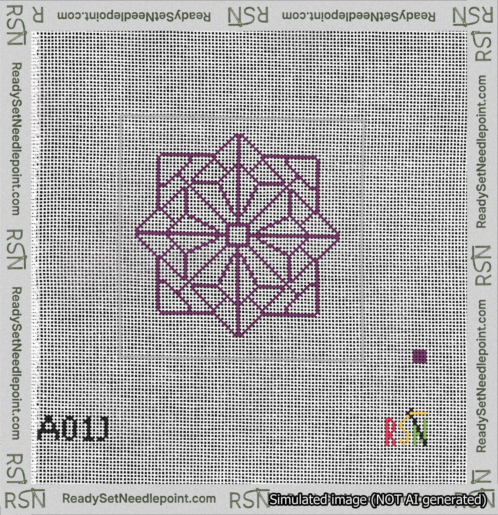 A taped needlepoint canvas with the design: 8-Pointed Mandala Outline Purple.
