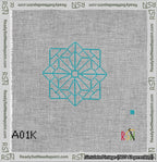 A taped needlepoint canvas with the design: 8-Pointed Mandala Outline Turquoise.