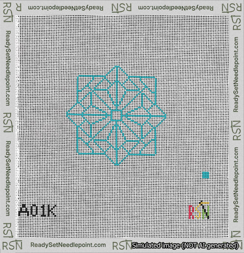 A taped needlepoint canvas with the design: 8-Pointed Mandala Outline Turquoise.